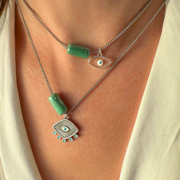 Κολιέ αλυσίδα με πράσινη πέτρα κύλινδρο και ματάκι/Ασημί