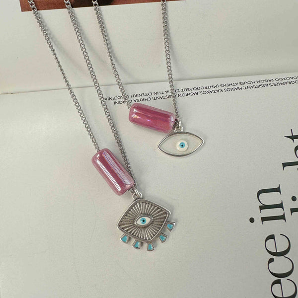 Κολιέ αλυσίδα με ροζ πέτρα κύλινδρο και ματάκι/Ασημί