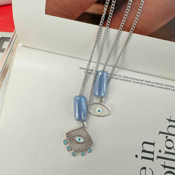 Κολιέ αλυσίδα με γαλάζιο κύλινδρο και ματάκι/Ασημί