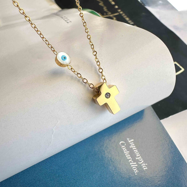 Κολιέ αλυσίδα classic Σταυρός με λευκό Μάτι