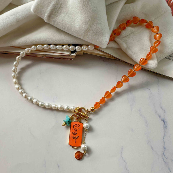 Κολιέ με Καρδιές Μάτι της Γάτας και Μαργαριτάρια