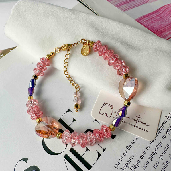 Βραχιόλι με Καρδιά Κρύσταλλο & Ροζ Ροδέλες