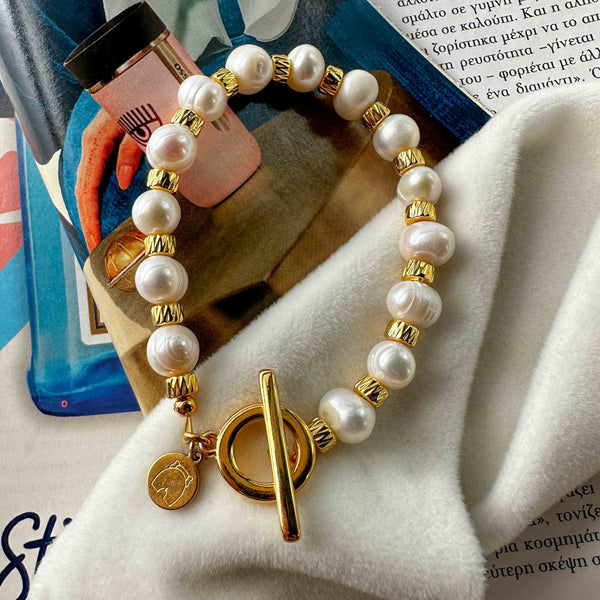 Βραχιόλι με Λευκά Μαργαριτάρια και Σταθερό Κούμπωμα