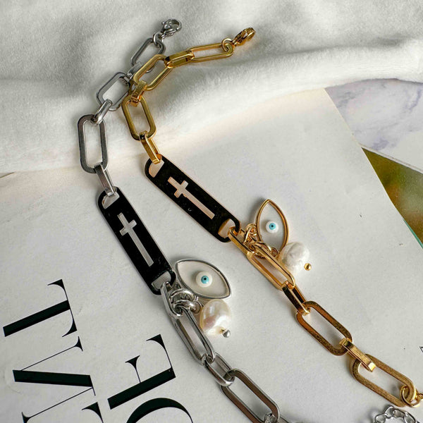 Βραχιόλι Ατσάλινο με Μάτι, Σταυρό και Μαργαριτάρι