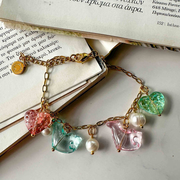 Βραχιόλι με Γυάλινες Μινιατούρες και Χρυσή Αλυσίδα