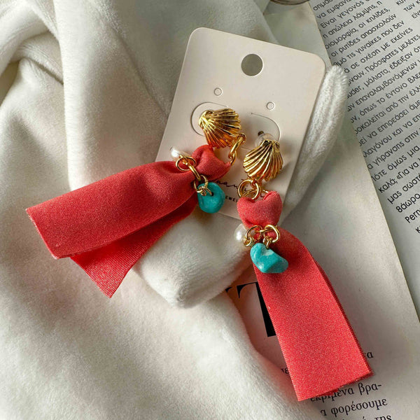Σκουλαρίκια Κοχύλι με Κόκκινη Κορδέλα και Τυρκουάζ Πέτρα