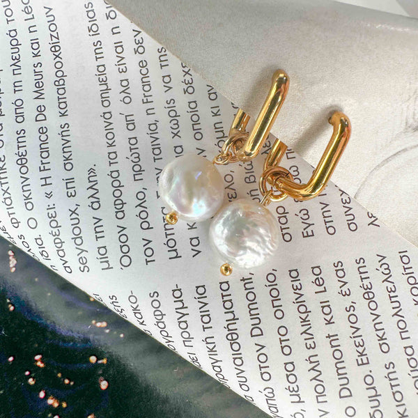 Σκουλαρίκια Τετράγωνος Κρίκος με Φυσικό Μαργαριτάρι