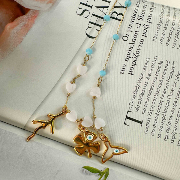 Κολιέ Ροζάριο με Καρδιές & Μπλε Πέτρες από Ατσάλι