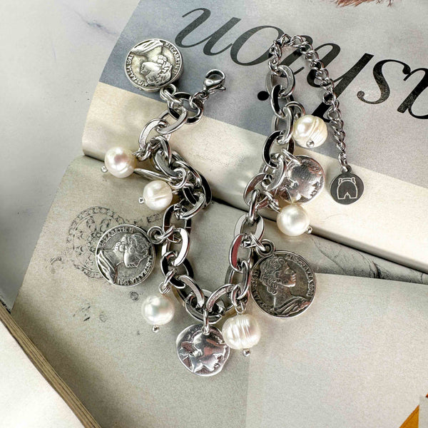 Βραχιόλι με Charms Νομίσματα & Μαργαριτάρια