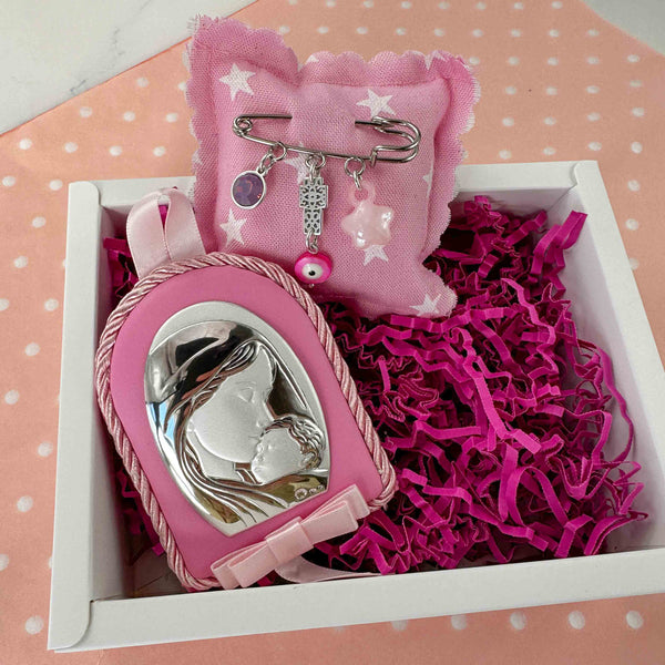 Σετ Δώρου Κοριτσιού με Εικόνα Παναγίας & Χριστού (Ασήμι 925) και Παραμάνα – Ιδανικό για Κούνια ή Καρότσι