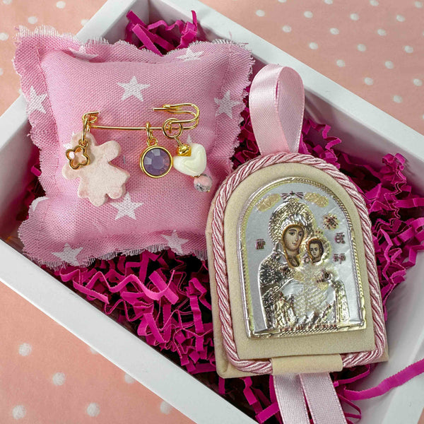 Σετ Δώρου Κοριτσιού με Ασημένια Εικόνα 925 & Παραμάνα Φιγούρα και σταυρό