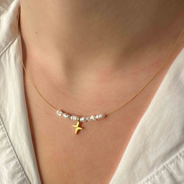 Κολιέ από ατσάλι Σταυρός ανάγλυφο σχέδιο και μαργαριτάρια