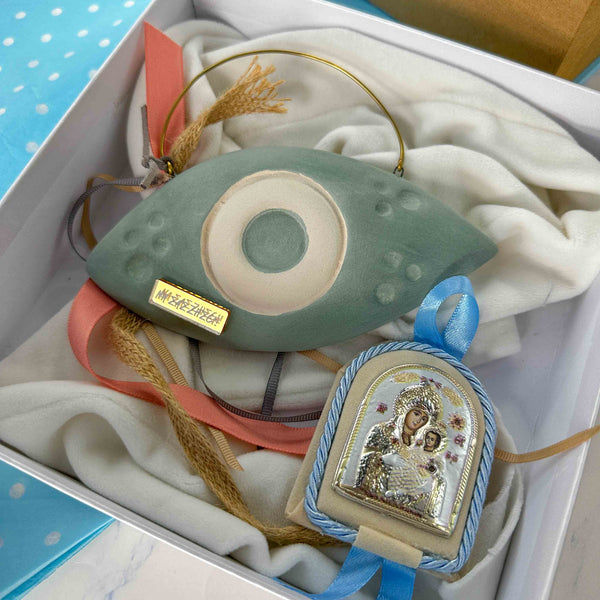 Σετ Δώρου Αγοριού με Κεραμικό Μάτι Γαλάζιο & Εικόνα Παναγία-Χριστός Από Ασήμι