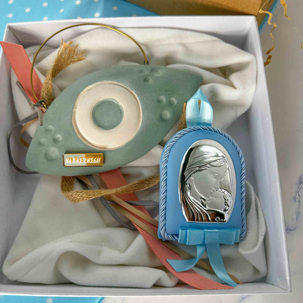 Baby Kit Αγοριού με Κεραμικό Σχιστό Μάτι Γαλάζιο & Εικόνα Παναγία-Χριστός Από Ασήμι 925