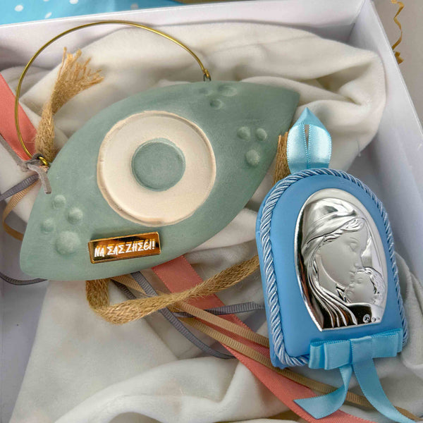 Baby Kit Αγοριού με Κεραμικό Σχιστό Μάτι Γαλάζιο & Εικόνα Παναγία-Χριστός Από Ασήμι 925