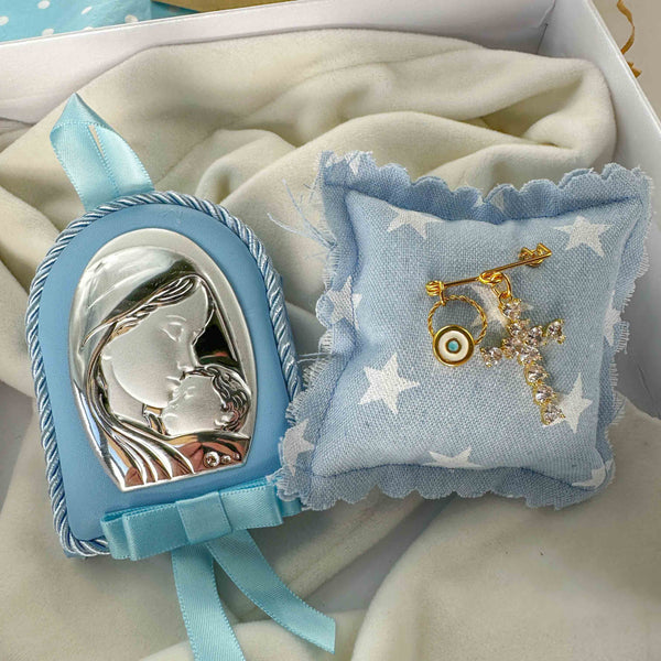 Σετ Δώρου Αγοριού με Ασημένια Εικόνα & Παραμάνα Σταυρός Με Κρύσταλλα