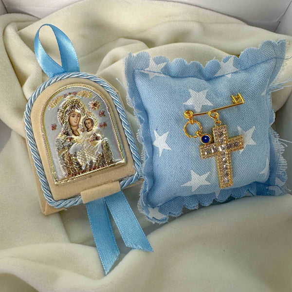 Σετ Δώρου Νεογέννητού Αγοριού με Εικόνα Ασήμι 925 & Παραμάνα Με Σταυρό και Ματάκι