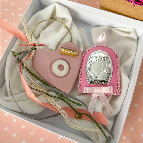Σετ Δώρου Κοριτσιού "ΝΑ ΣΑΣ ΖΗΣΕΙ" με Κεραμική Καρδιά Μάτι Ροζ & Εικόνα Ασήμι 925
