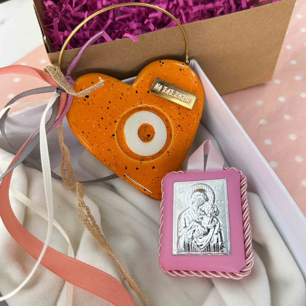 Σετ Δώρου Κοριτσιού "ΝΑ ΣΑΣ ΖΗΣΕΙ" με Κεραμική Καρδιά Μάτι Πορτοκαλί & Εικόνα Ασήμι 925