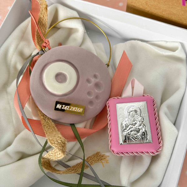 Σετ Δώρου Νεογέννητου Κοριτσιού με Εικόνα Ασήμι 925 & Κεραμικό Κρεμαστό Μάτι Μωβ