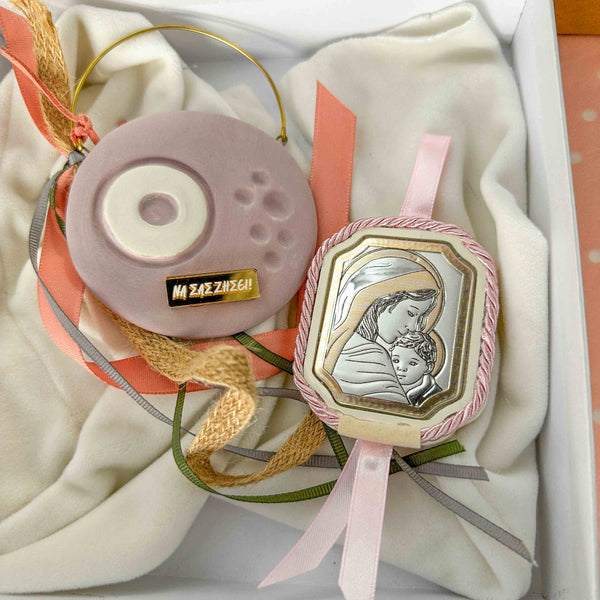 Σετ Δώρου Νεογέννητου Κοριτσιού με Εικόνα Ασήμι 925 & Κεραμικό Κρεμαστό Μάτι Λιλά