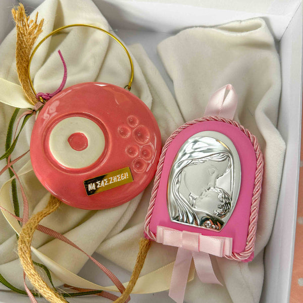 Σετ Δώρου Νεογέννητου Κοριτσιού με Εικόνα Ασήμι 925 & Κεραμικό Κρεμαστό Μάτι Pink
