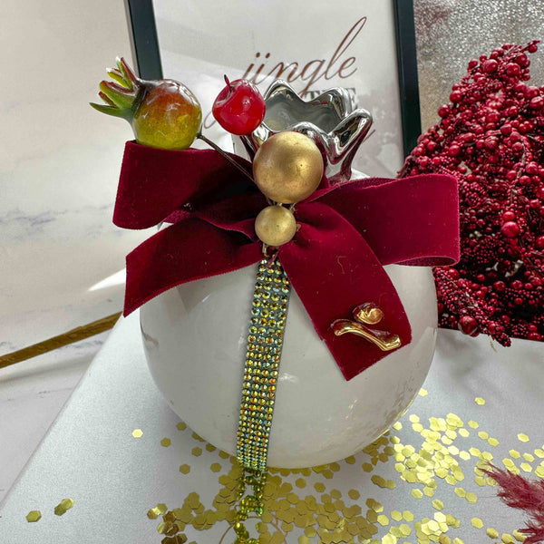 Κεραμικό Ρόδι Γούρι 2026 με Βελούδινη Κορδέλα & Σμάλτο – Χειροποίητο Διακοσμητικό