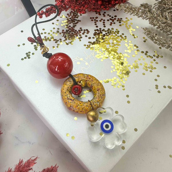 Κρεμαστό Γούρι 2026 με Κεραμικό Κρίκο & Τετράφυλλο Τριφύλλι Με Ματάκι