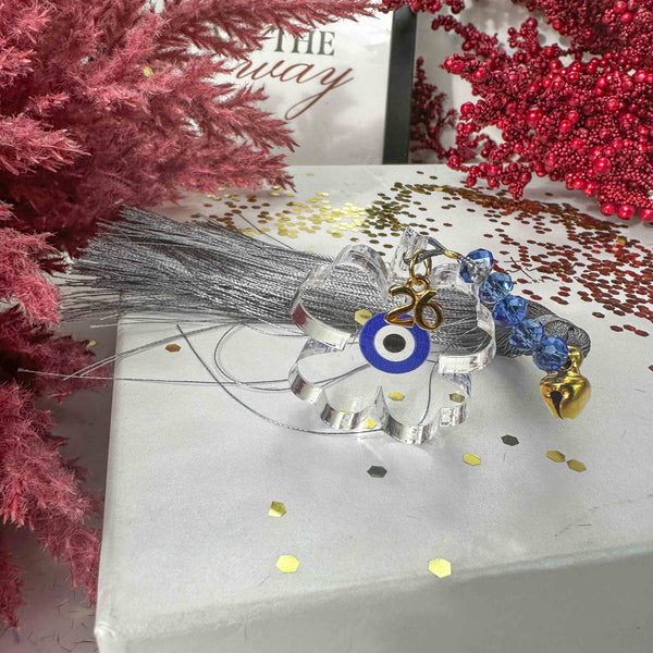 Γούρι Plexiglass Τριφύλλι Μάτι με Φούντα & Μπλε Κρύσταλλα – 2026