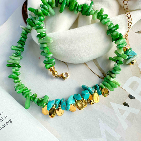 Κολιέ με πράσινο Κοράλλι και Τίρκουαζ πέτρες