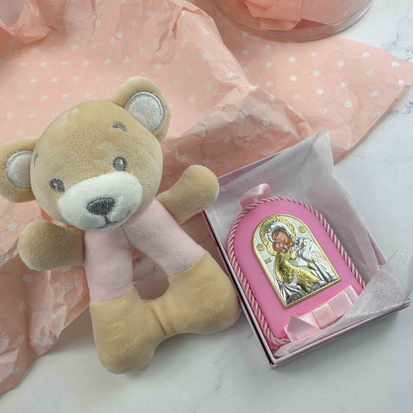 Σετ Δώρου Νεογέννητου Κοριτσιού - Παιδική Κουδουνίστρα & Εικόνα Παναγίας