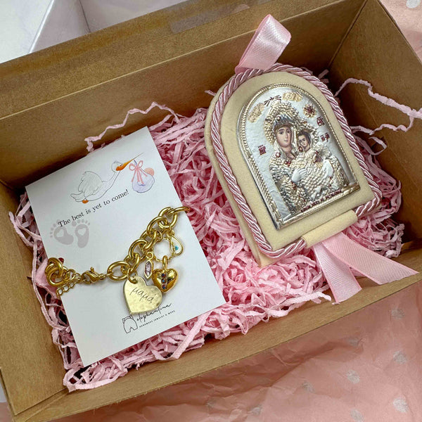 Σετ Δώρου Νεογέννητου Κοριτσιού - Βραχιόλι Μαμά & Εικόνα Παναγίας - Χριστού