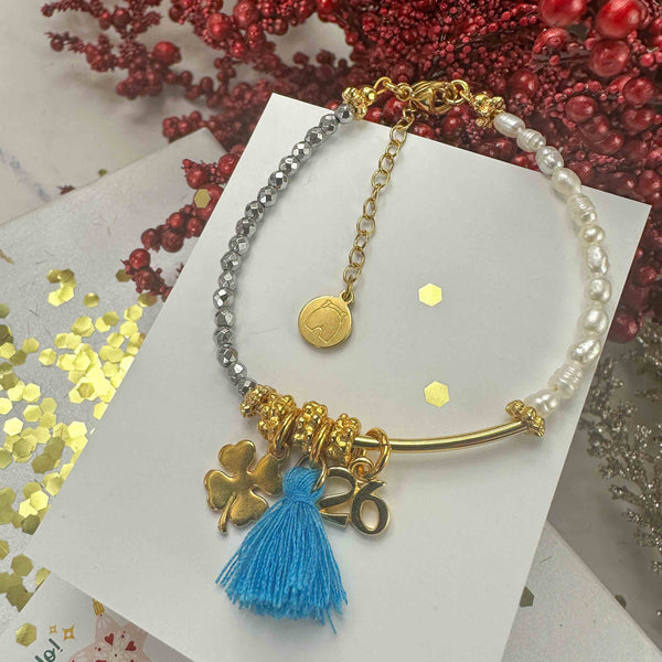 Βραχιόλι Γούρι 2026 με Μαργαριτάρια, Αιματίτες & Μπάρα με Στοιχεία