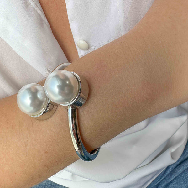 Statement Ασημί Βραχιόλι με Μεγάλες Πέρλες