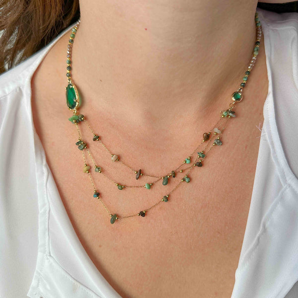 Πολυεπίπεδο Κολιέ με Πράσινες Ημιπολύτιμες Πέτρες & Ατσάλινη Αλυσίδα