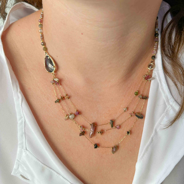 Πολυεπίπεδο Κολιέ με Καφέ Ημιπολύτιμες Πέτρες & Ατσάλινη Αλυσίδα