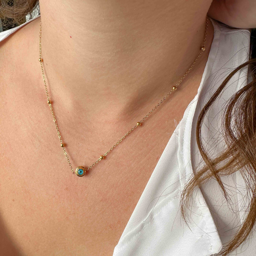 Ατσάλινο Κολιέ με Ματάκι & Χρυσές Χάντρες