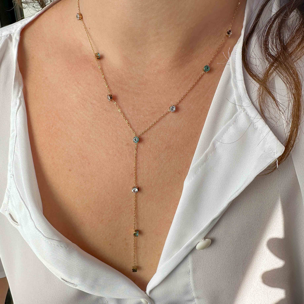 Ατσάλινο Κολιέ Σε Σχήμα Y με Λευκά Ζιργκόν & Ματάκια