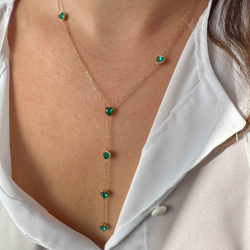 Ατσάλινο Κολιέ Σε Σχήμα Y - Καρδιές & Πράσινα Κρύσταλλα