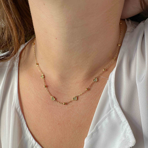 Ατσάλινο Κολιέ με Καρδιές & Ζιργκόν σε Χρυσή Αλυσίδα