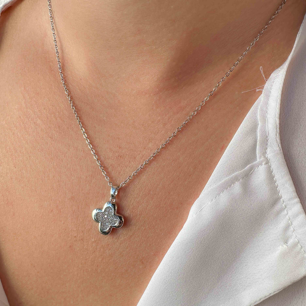 Ατσάλινο Ασημί Κολιέ Σταυρός Με Ζιργκόν