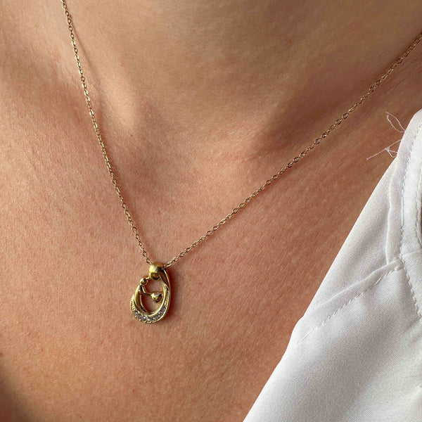 Ατσάλινο Κολιέ Μαμά με Παιδί και Ζιργκόν και Καρδούλα