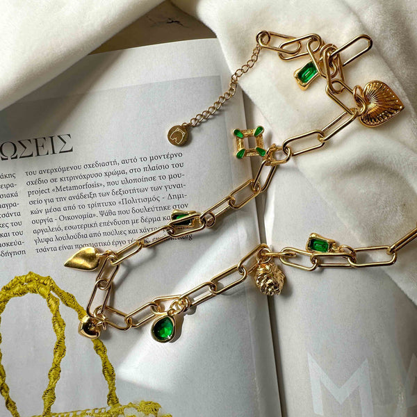 Ατσάλινο Κολιέ με Χρυσούς Κρίκους & Πράσινες Λεπτομέρειες