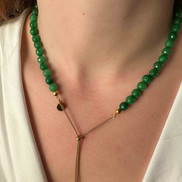 Κολιέ με πράσινους αχάτες και Επιχρυσωμένη Ατσάλινη Αλυσίδα