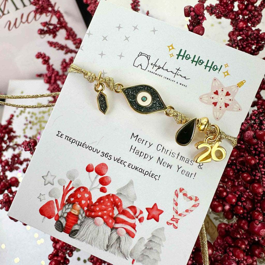 Γούρι Βραχιόλι 2026 με Ματάκι Μαύρο Glitter & Χρυσό Κορδόνι – Χειροποίητο Μακραμέ