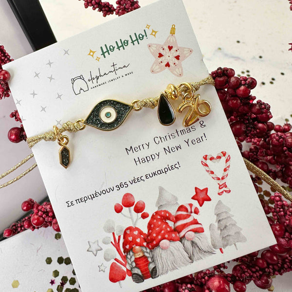 Γούρι Βραχιόλι 2026 με Ματάκι Μαύρο Glitter & Χρυσό Κορδόνι – Χειροποίητο Μακραμέ