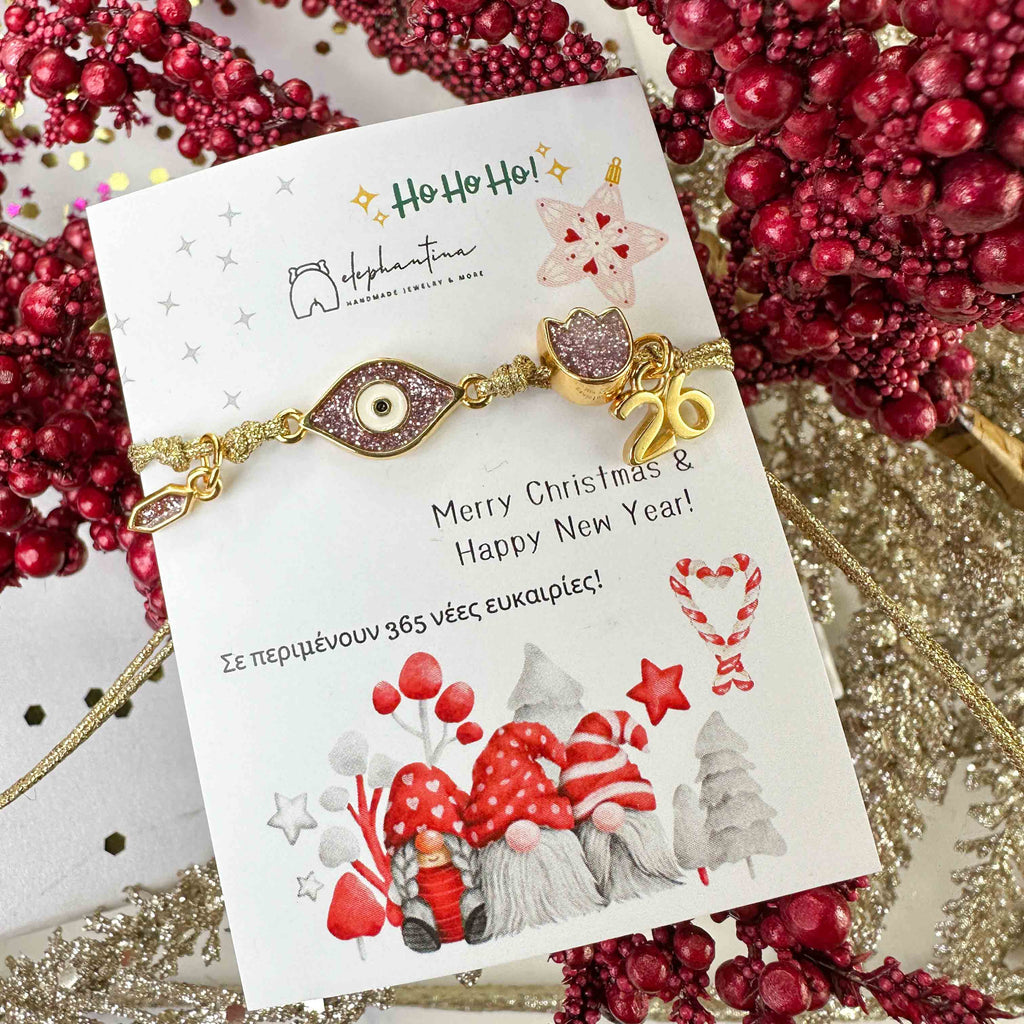 Γούρι Βραχιόλι 2026 με Ματάκι Ροζ Glitter & Χρυσό Κορδόνι – Χειροποίητο Μακραμέ