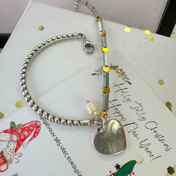 Γούρι Βραχιόλι 2026 με Αιματίτες και Ασημί Καρδιά