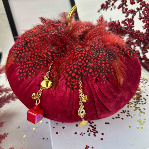 Γούρι Κολοκύθα 2026 Κόκκινη Πουά με Κόκκινα Πούπουλα