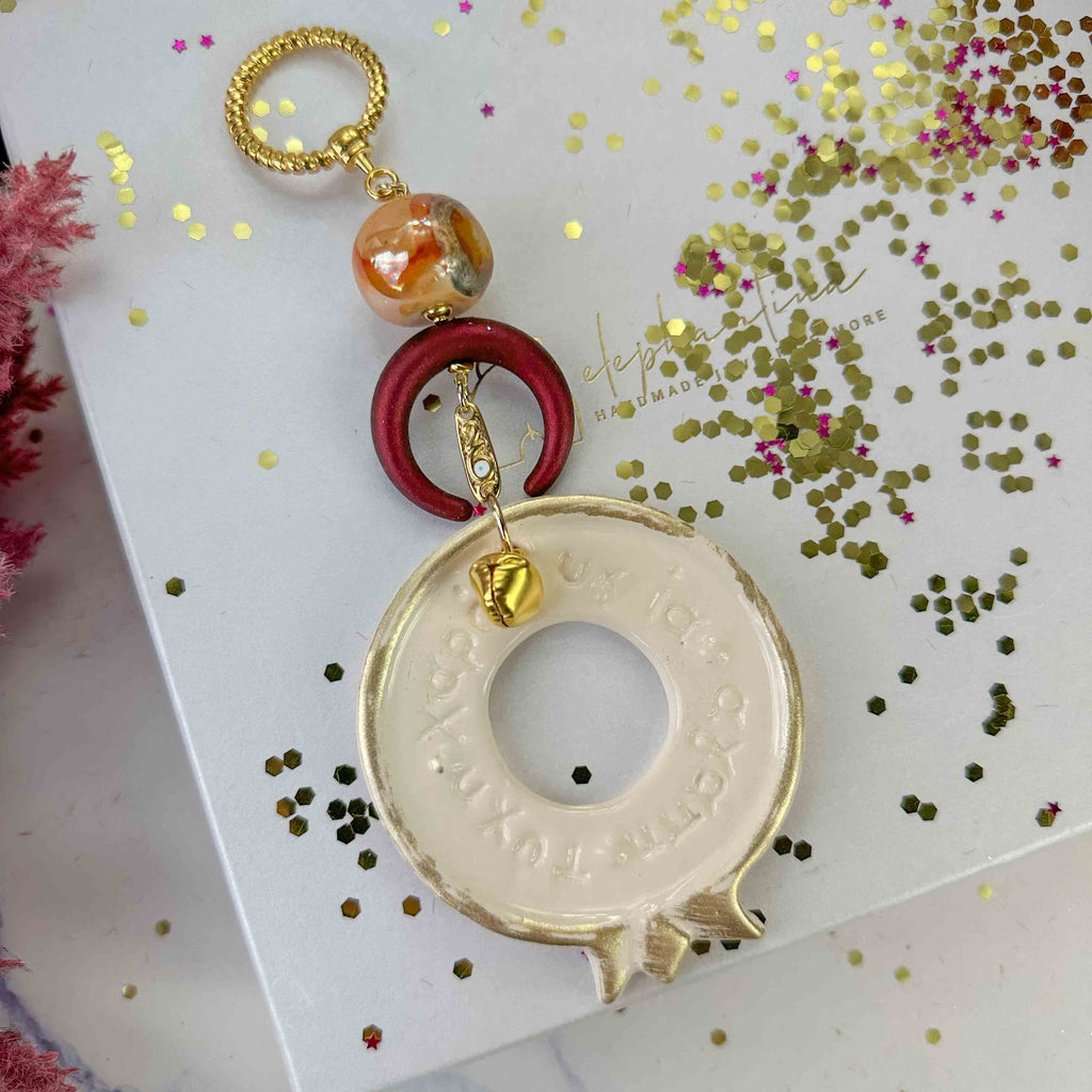 Γούρι 2026 Κεραμικό Ρόδι με Ευχές & Κουδουνάκι